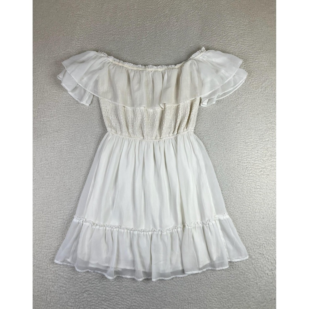 Hollister White Off Shoulder Smocked Ruffle Chiffon Boho Sundress Juniors Large